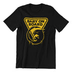 Black t-shirt with yellow 'Baby on Board' graphic design on a white background