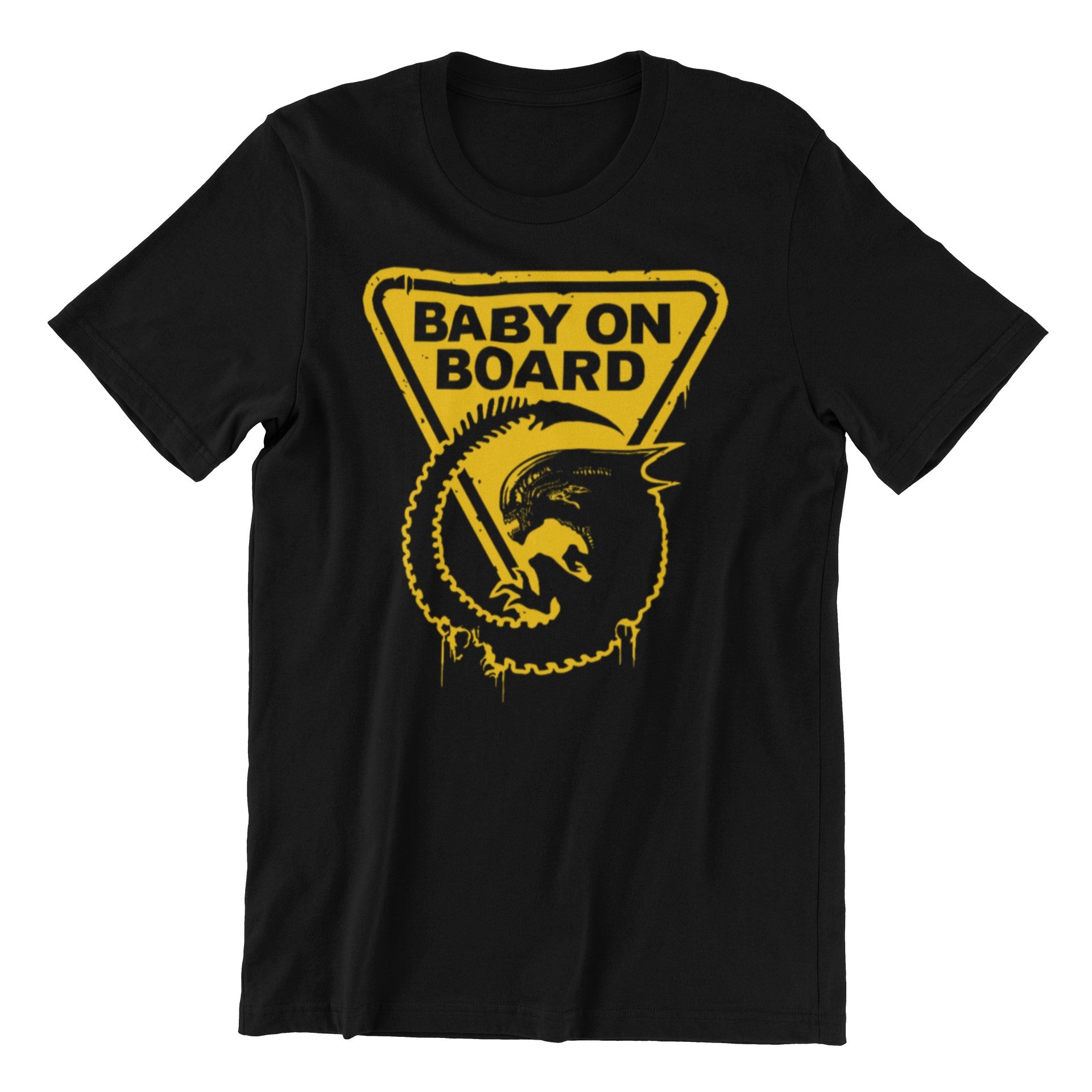 Black t-shirt with yellow 'Baby on Board' graphic design on a white background