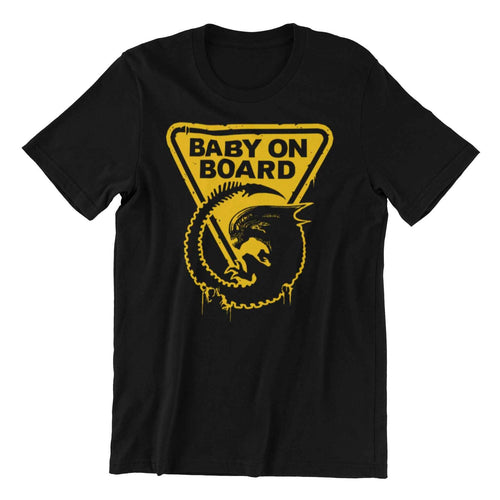 Baby on Board T-Shirt, Funny Alien Design, Black with Yellow Print, Adult Unisex M