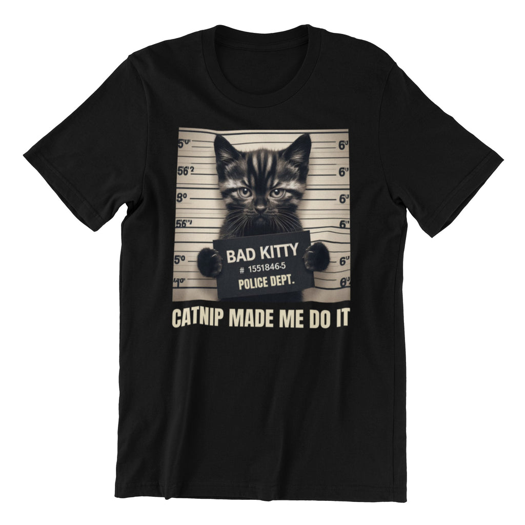 Black t-shirt with a graphic of a cat in a mugshot and text 'Bad Kitty' on a white background