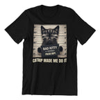 Black t-shirt with a graphic of a cat in a mugshot and text 'Bad Kitty' on a white background