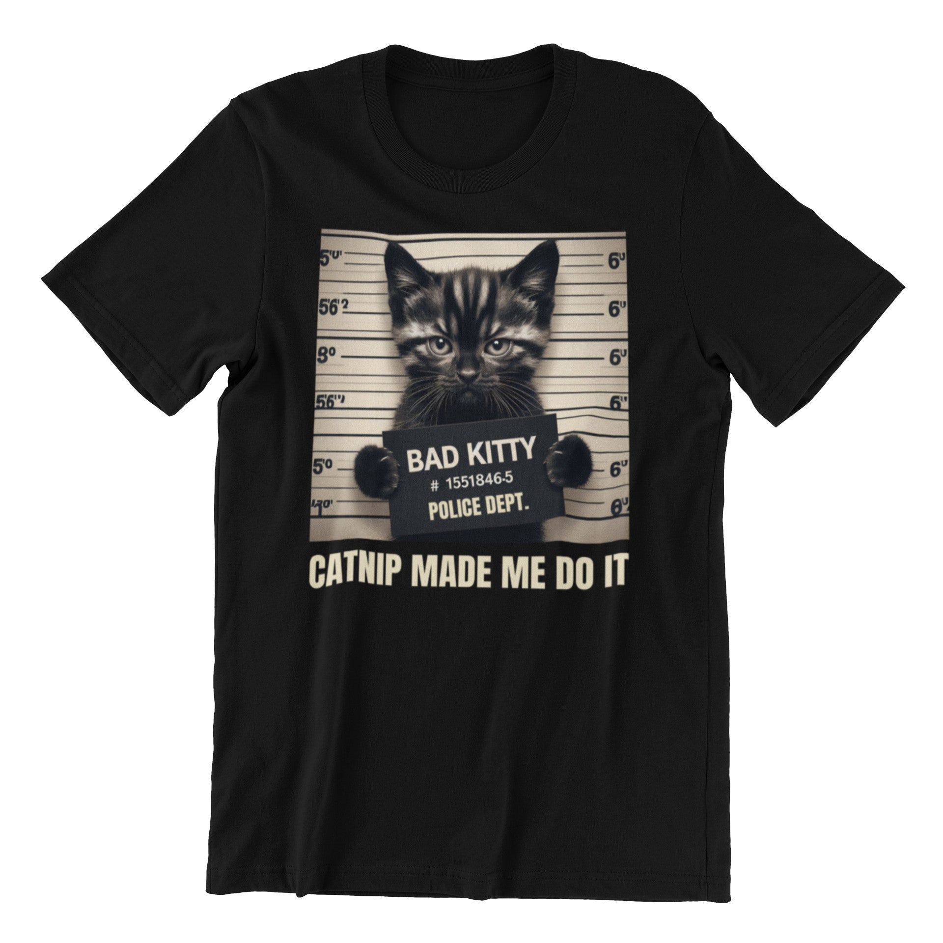 Black t-shirt with a graphic of a cat in a mugshot and text 'Bad Kitty' on a white background