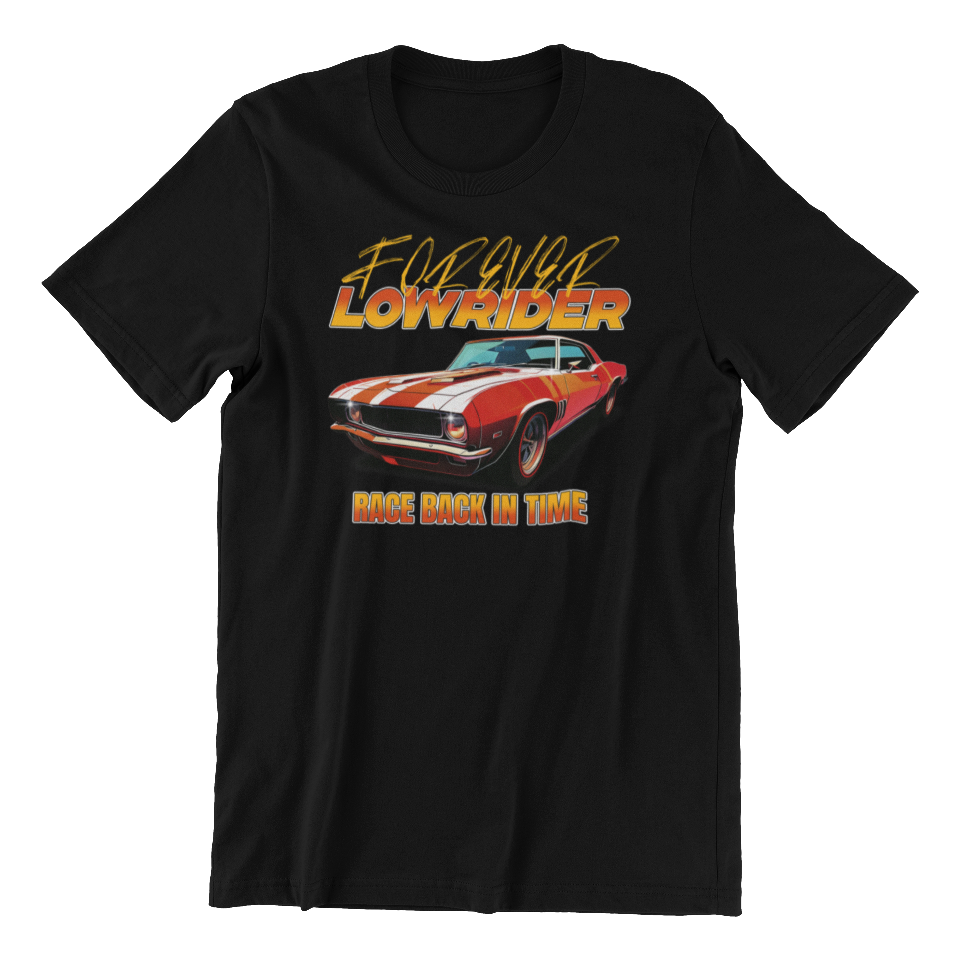 Black t-shirt with a graphic of a classic car and text 'Forever Lowrider' on a white background
