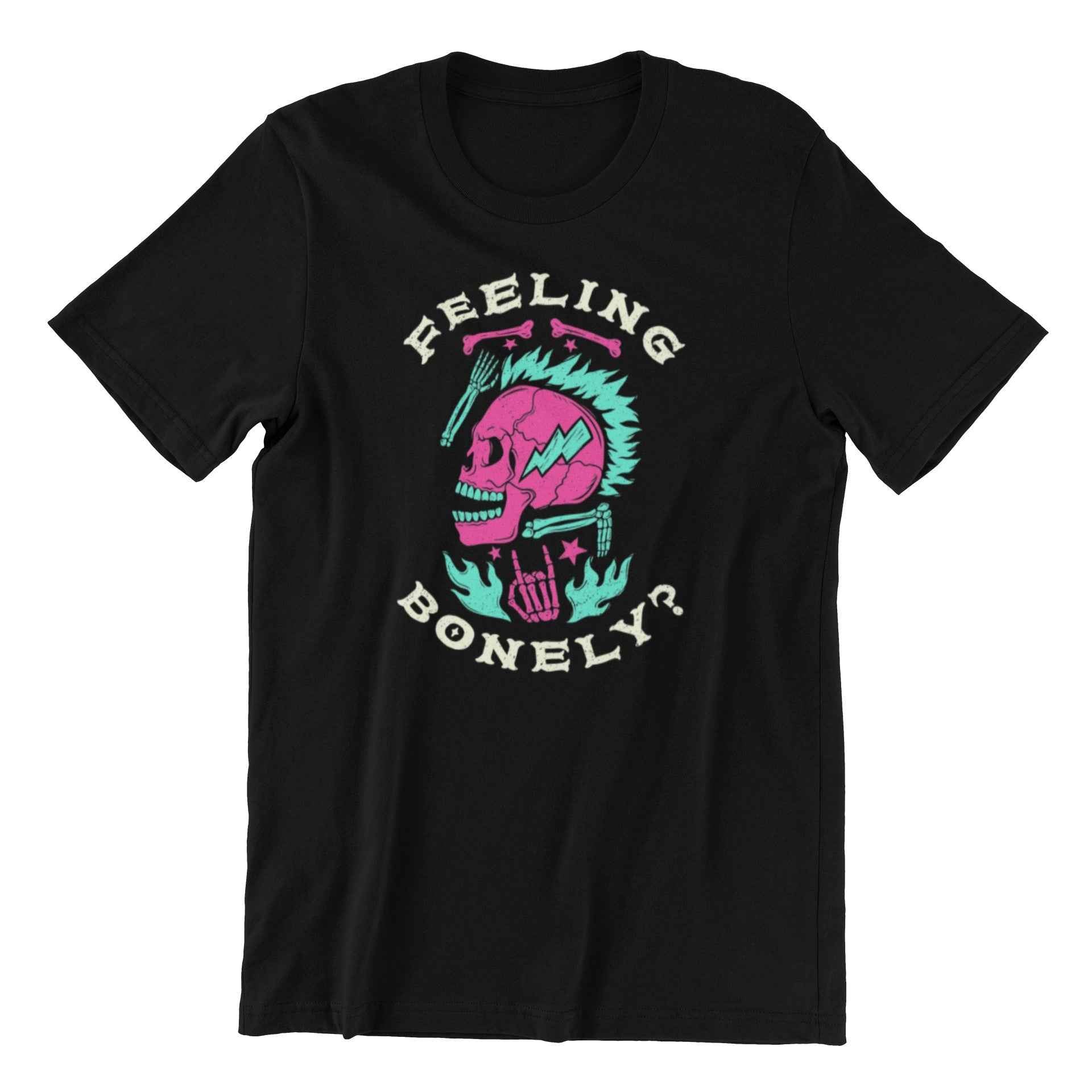 Feeling Bonely Punk Skull T-Shirt, Black, Pink and Turquoise Graphic Design, Size M
