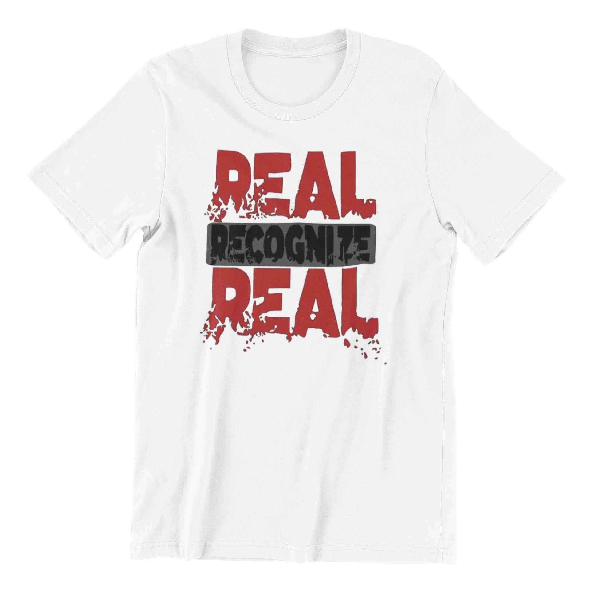 Real Recognize Real Graphic T-Shirt, Black and Red Design, Short Sleeve