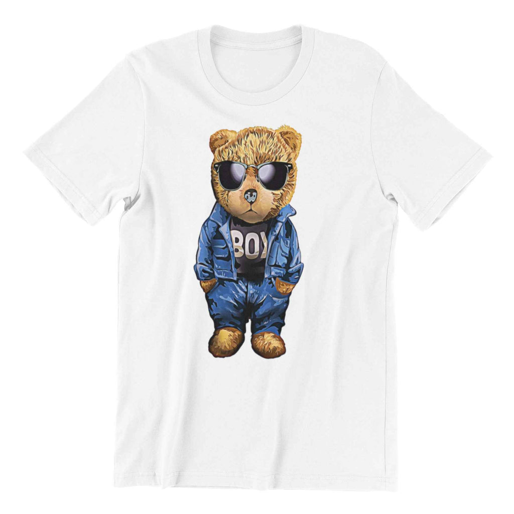 Cool Bear Graphic T-Shirt, White Cotton Tee with Sunglasses Teddy in Blue Outfit, Unisex Fashion Streetwear (US, Alpha, Medium, Regular, Regular)