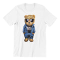 Cool Bear Graphic T-Shirt, White Cotton Tee with Sunglasses Teddy in Blue Outfit, Unisex Fashion Streetwear (US, Alpha, Medium, Regular, Regular)
