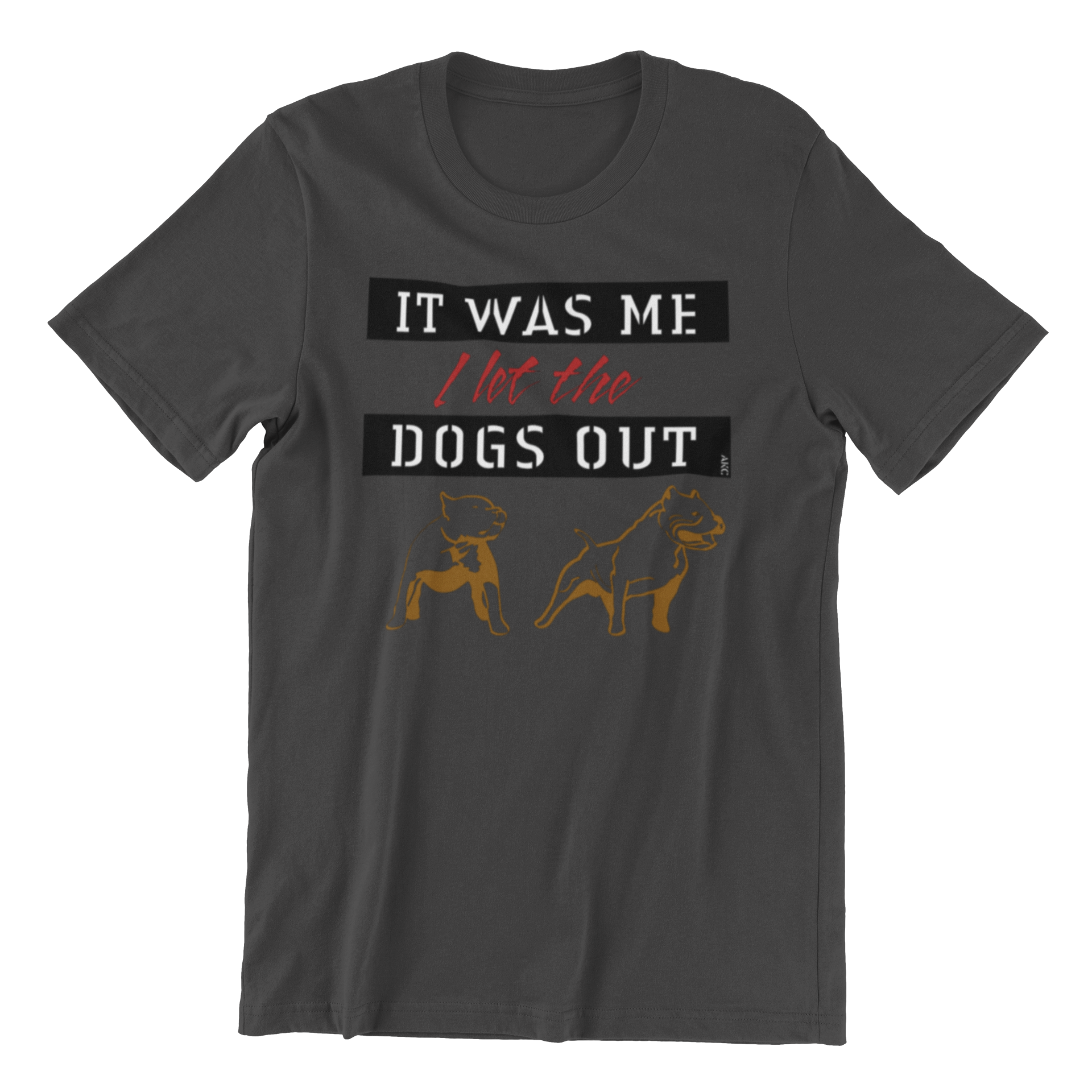Dark gray t-shirt with humorous text and dog illustrations on a white background