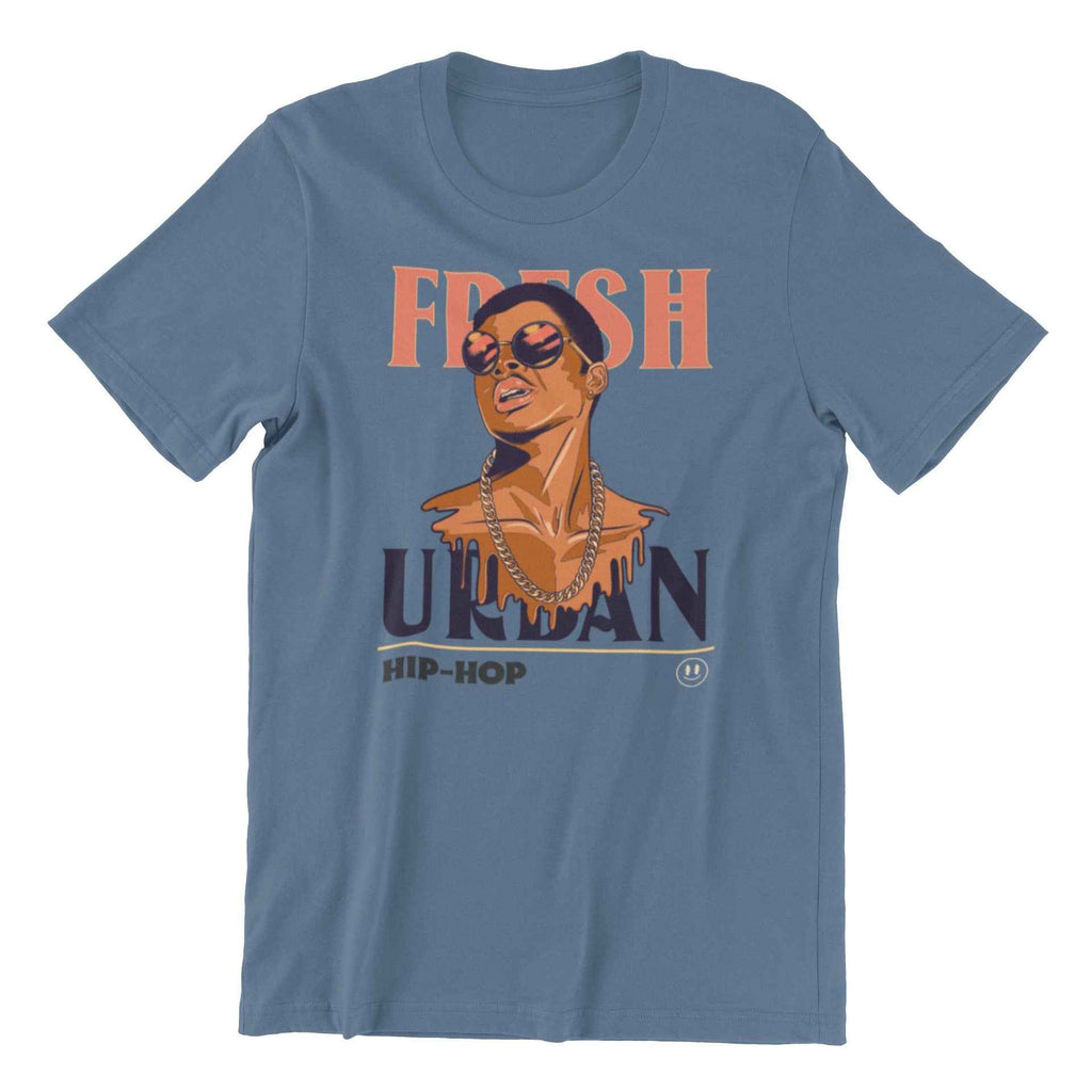 Fresh Urban Hip-Hop Graphic T-Shirt, Retro Design, Indigo Blue, Size L