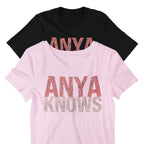 Black and pink t-shirts with 'ANYA KNOWS' text on a white background