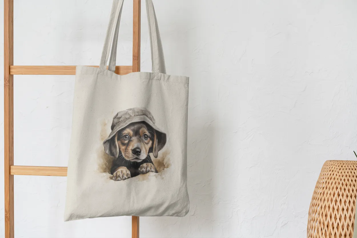 Cute Beagle in hat Watercolor Art Reusable Canvas Shopping Tote