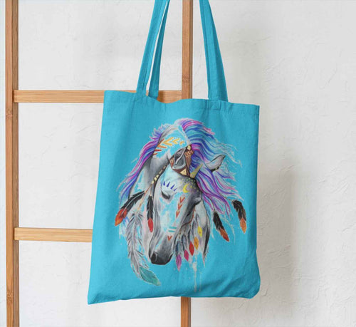 Decorative Horse Canvas Tote Bag Colorful Feather Design