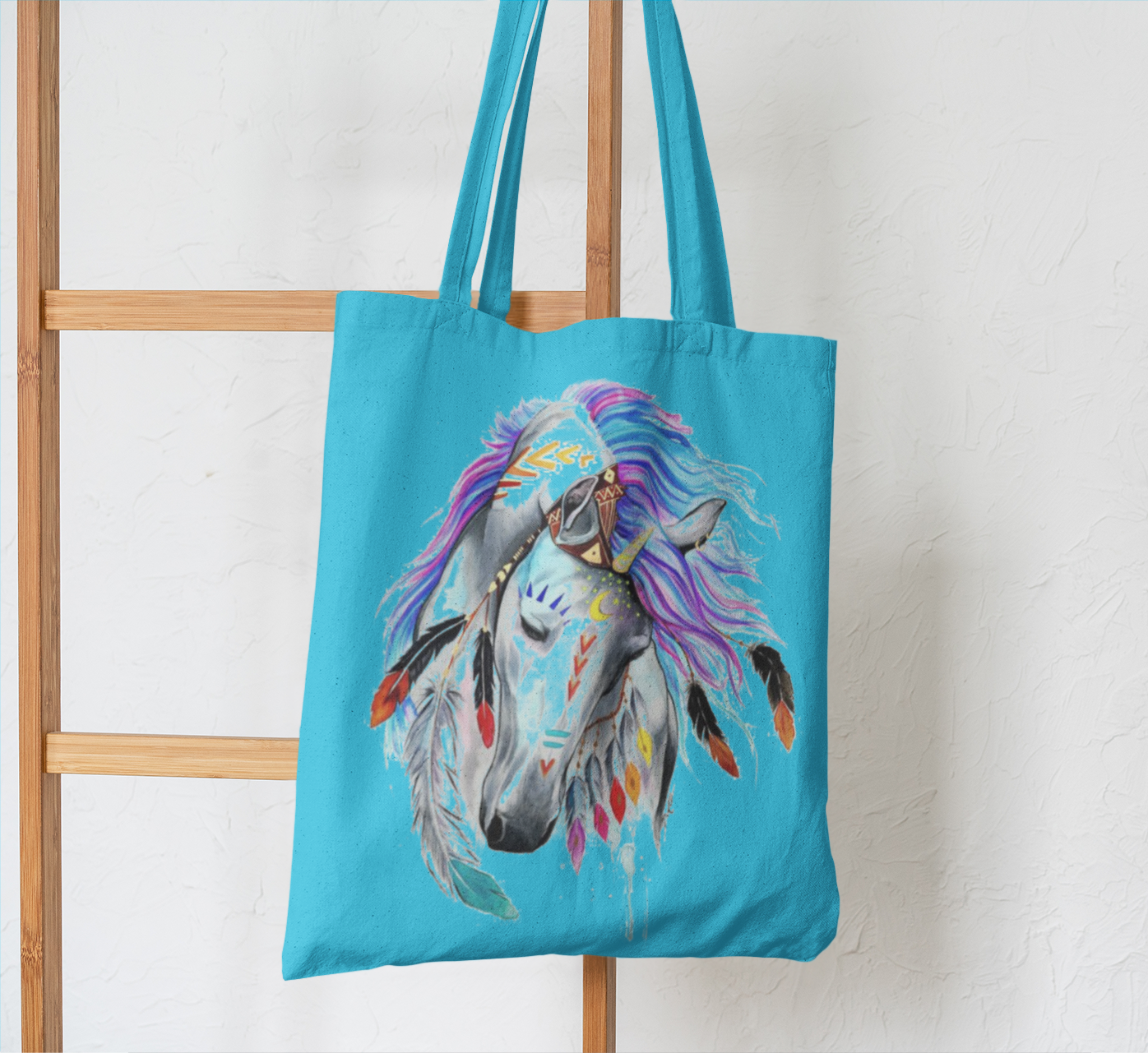 Decorative Horse Canvas Tote Bag Colorful Feather Design
