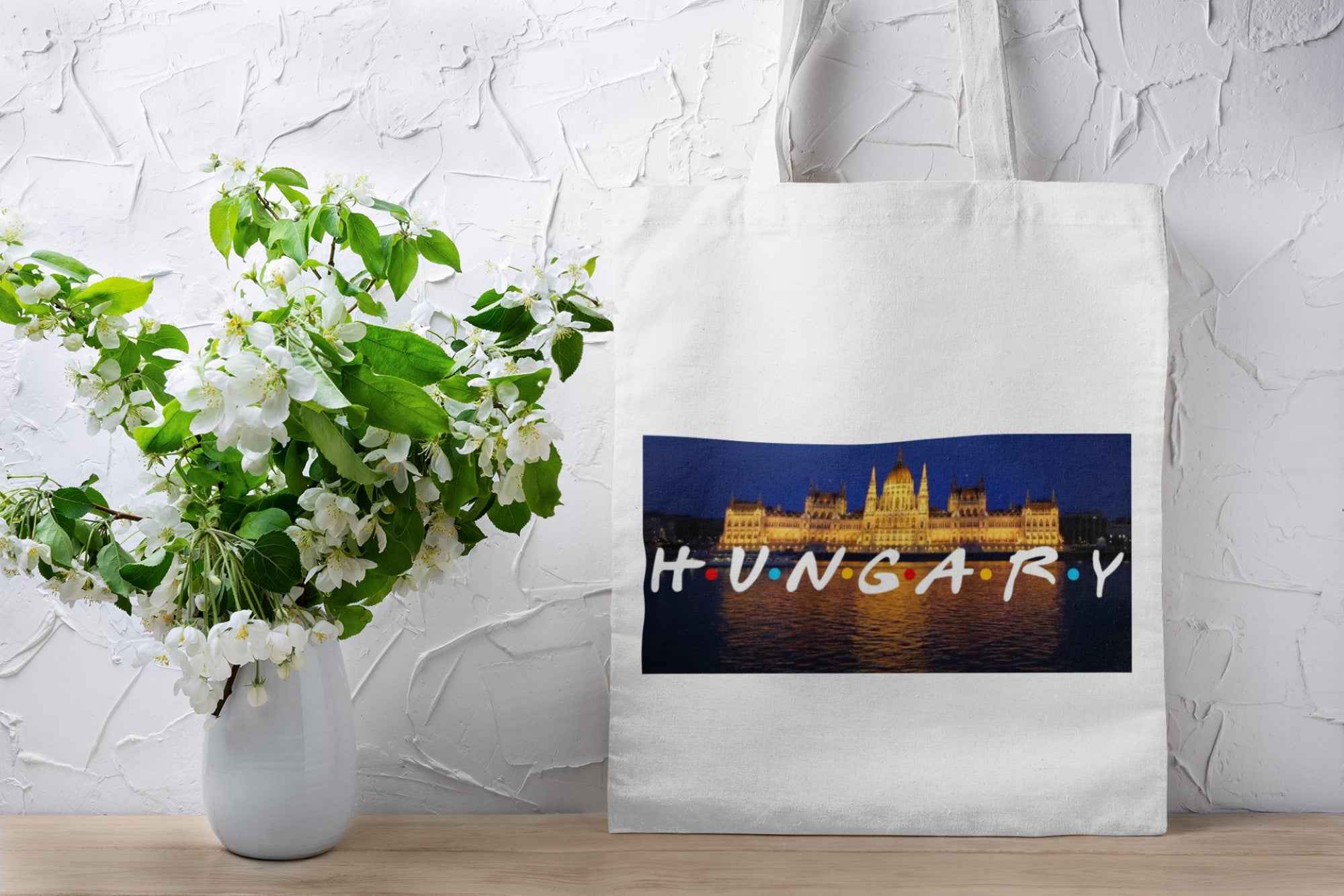 Hungary Souvenir Canvas Tote Bag, White, Parliament Building Design