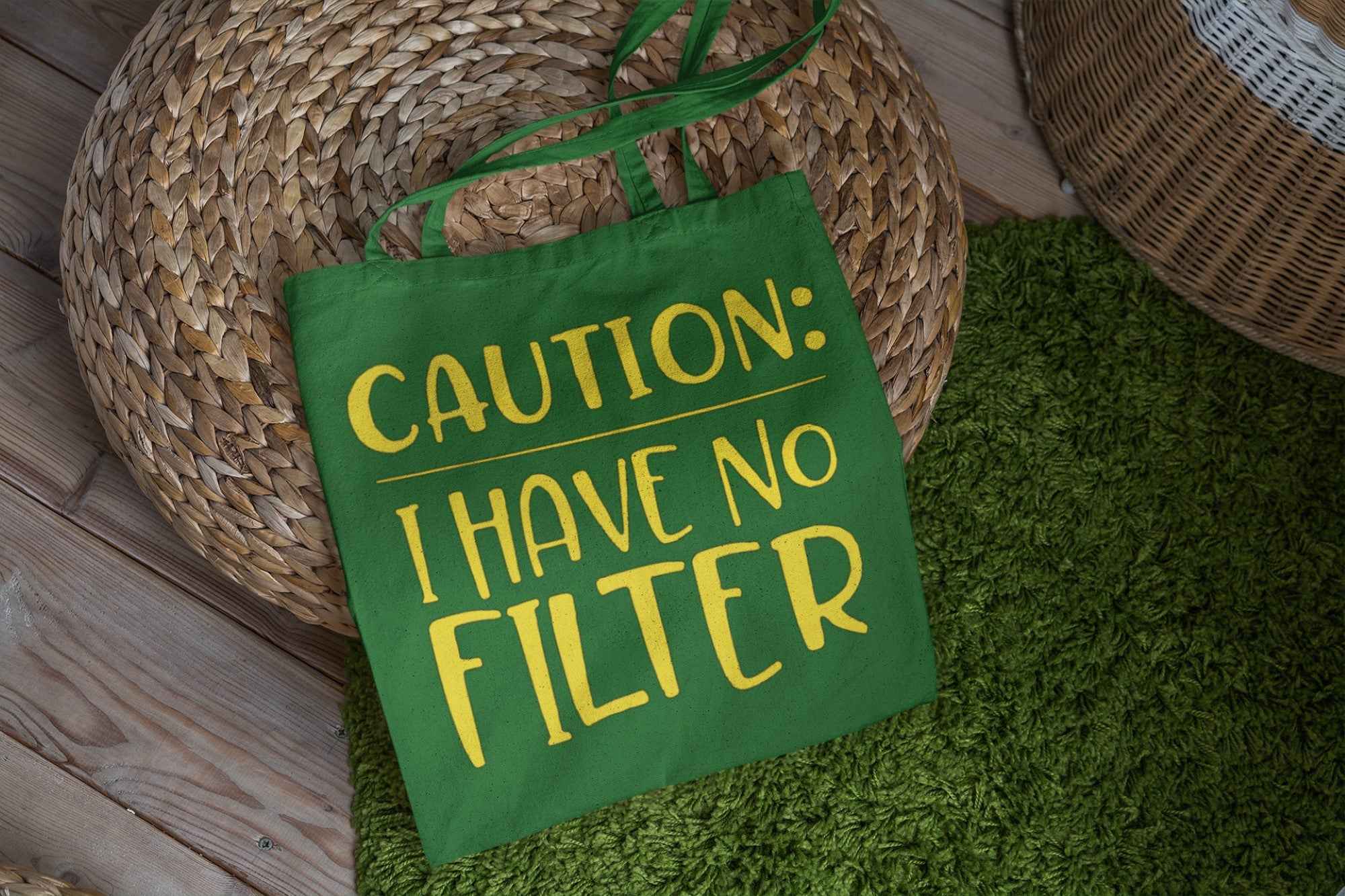 Funny Canvas Tote Bag, Green with Yellow Text, Caution I Have No Filter