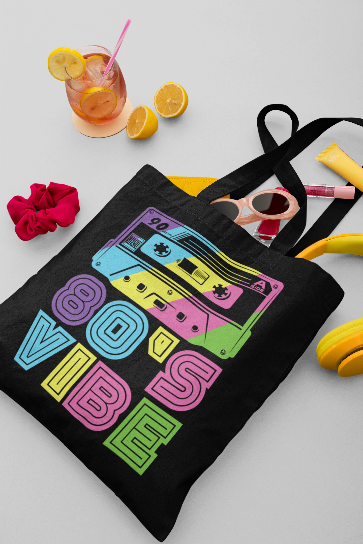 80's Vibe Reusable Shopping Tote Bag, Black with Colorful Cassette Tape Design, 15x16 Inches