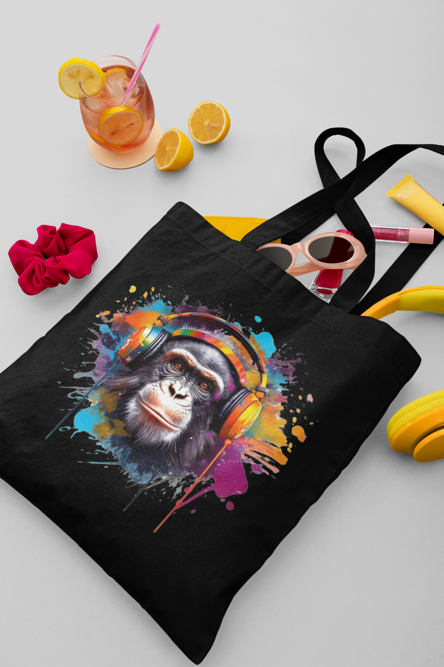 Black tote bag with colorful monkey design on a light gray background with accessories.