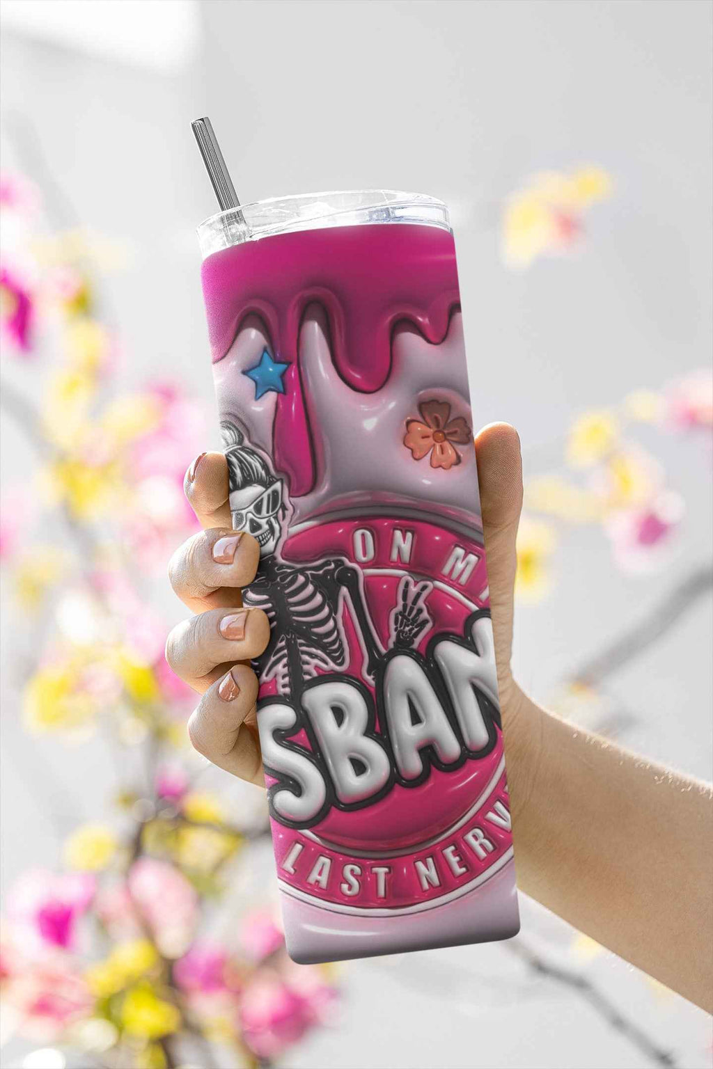 Funny Mama Stainless Steel Tumbler with Straw, 20 oz, Pink Drip Design with Skeleton, Smiley Face and Floral Graphics
