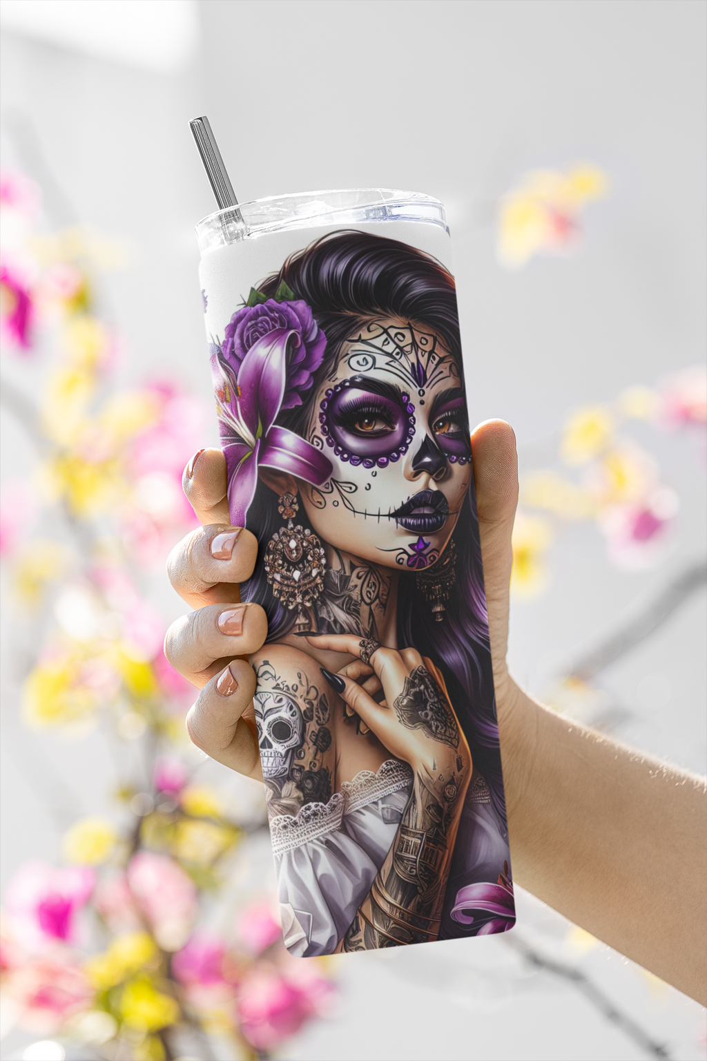 Purple Day of the dead 20 oz Stainless steel Skinny Tumbler