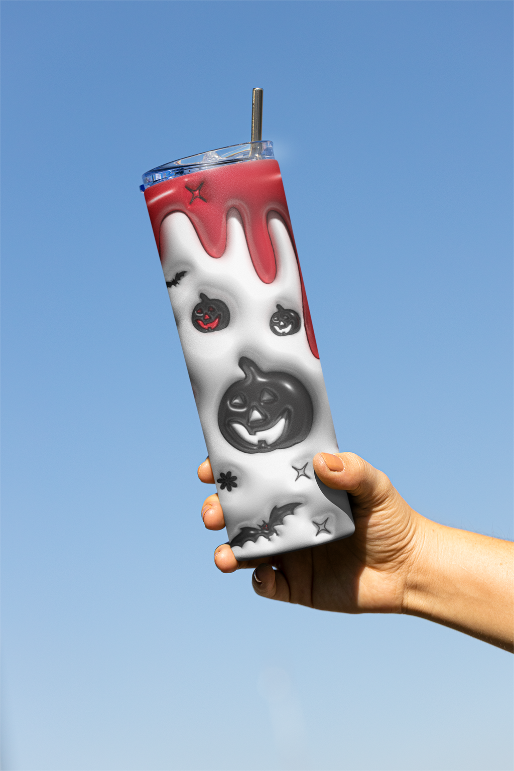 Halloween Skinny Tumbler with Lid and Straw, 3D Pumpkin and Bat Design