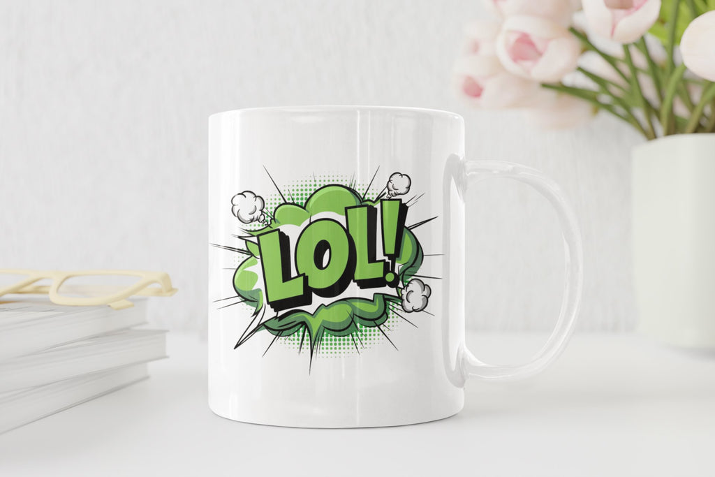 White mug with green 'LOL!' design on a white background
