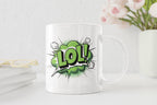 White mug with green 'LOL!' design on a white background
