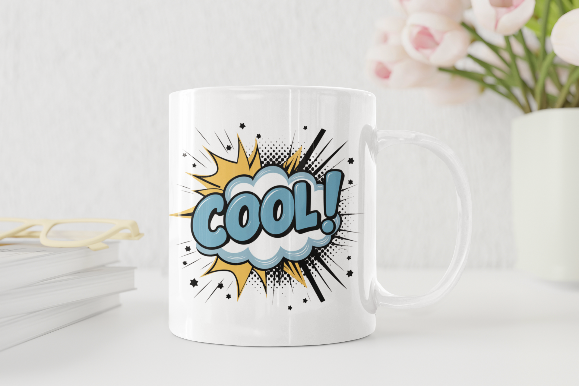 White mug with 'COOL!' design on a white background