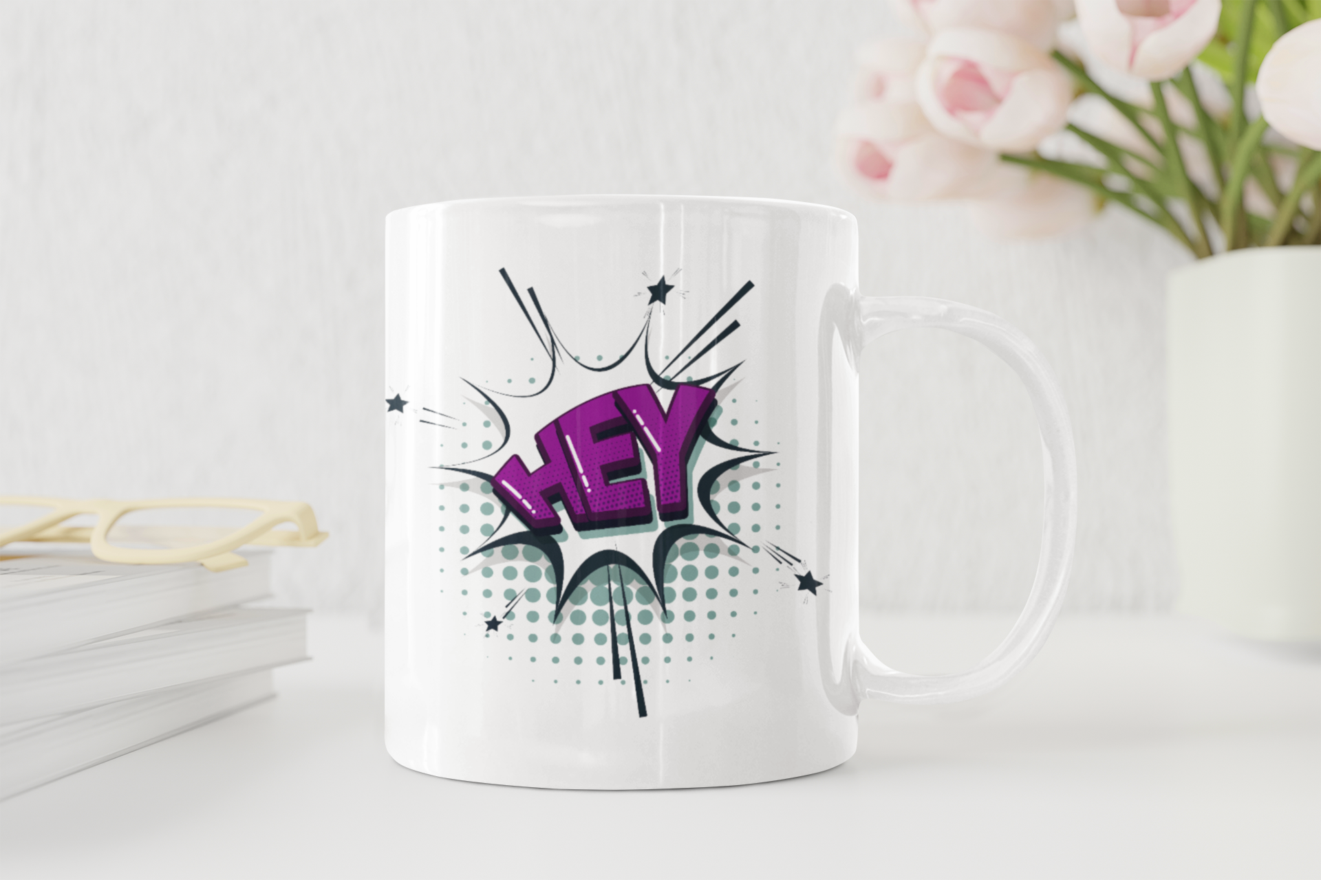 White mug with 'HEY' design on a white background