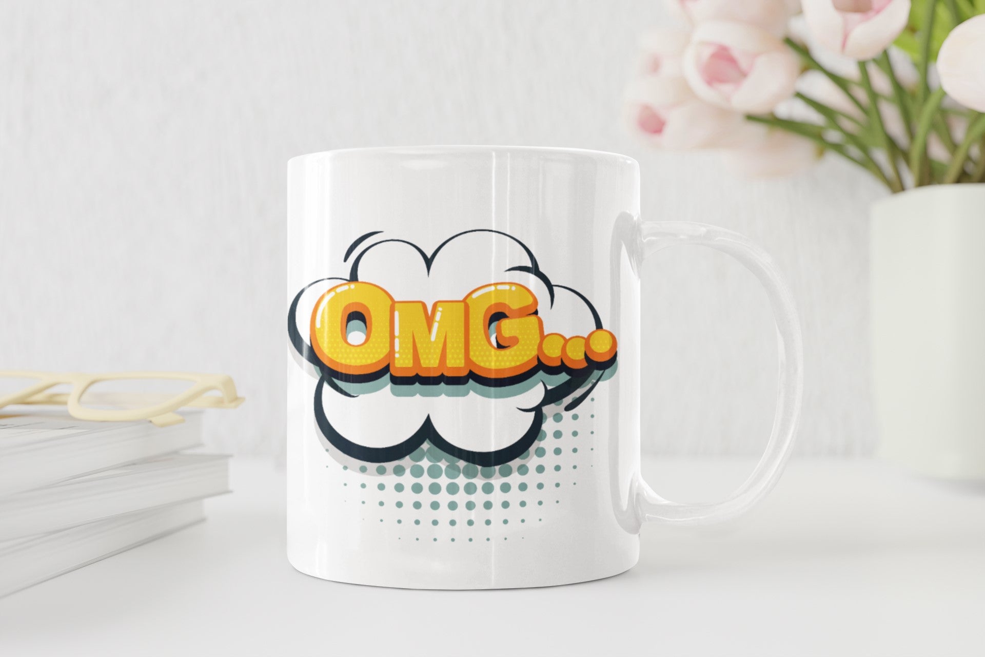 White mug with 'OMG' design on a white background
