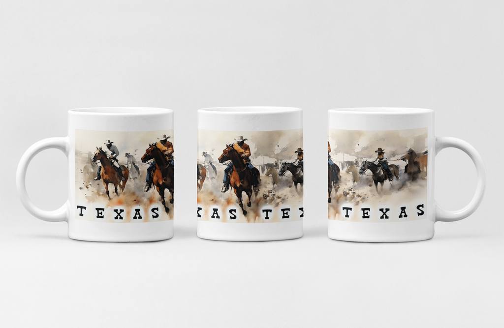 Three white ceramic mugs shown side by side on a light gray studio background, each printed with a western scene of horses and riders and the word "TEXAS" in black letters.