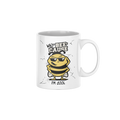 A white ceramic coffee mug featuring a cartoon bee wearing sunglasses with the text 'WHY IS THE BEE CAUSE' above and 'I'M COOL' below.