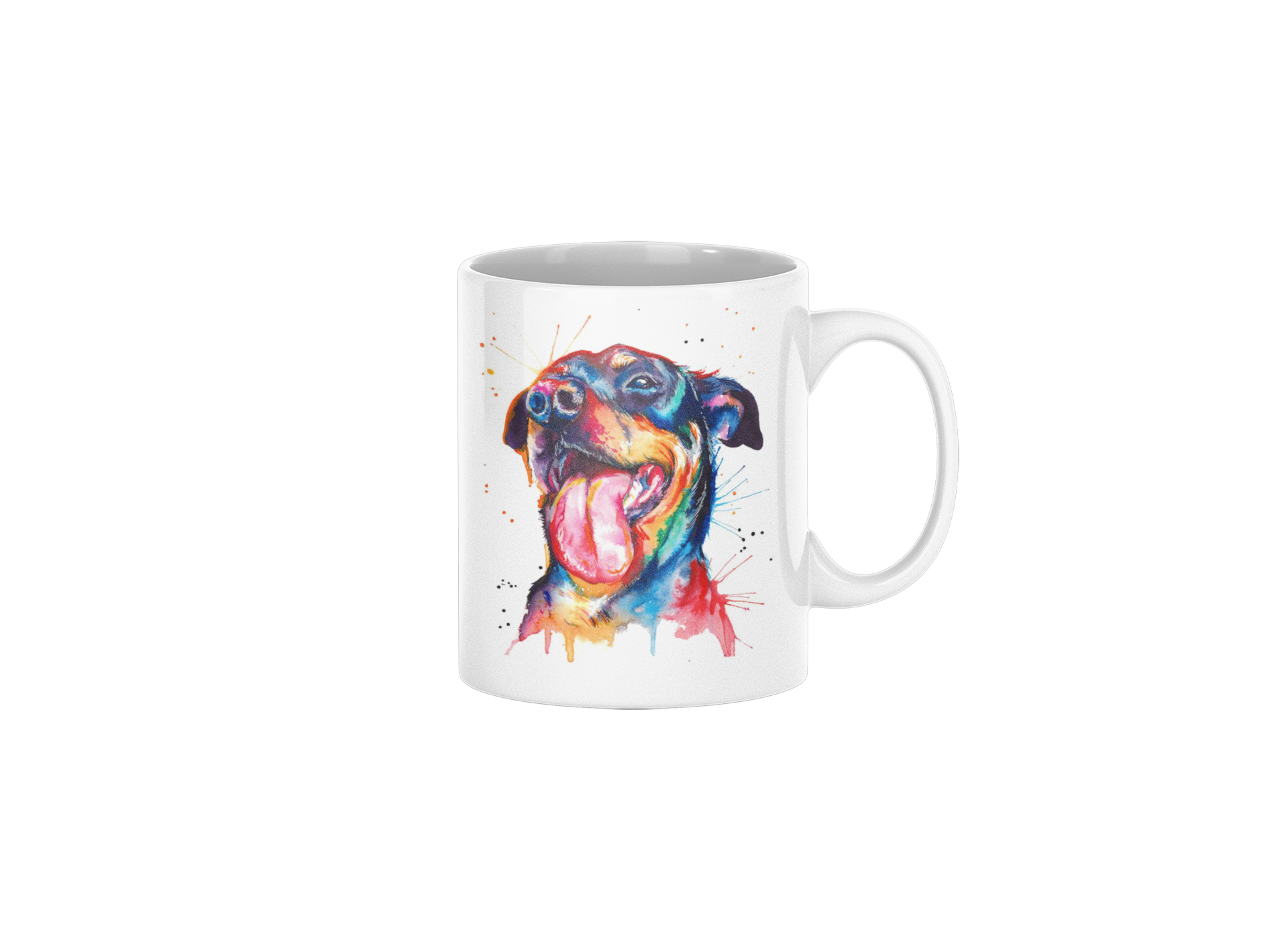 White mug with a colorful dog illustration on a white background