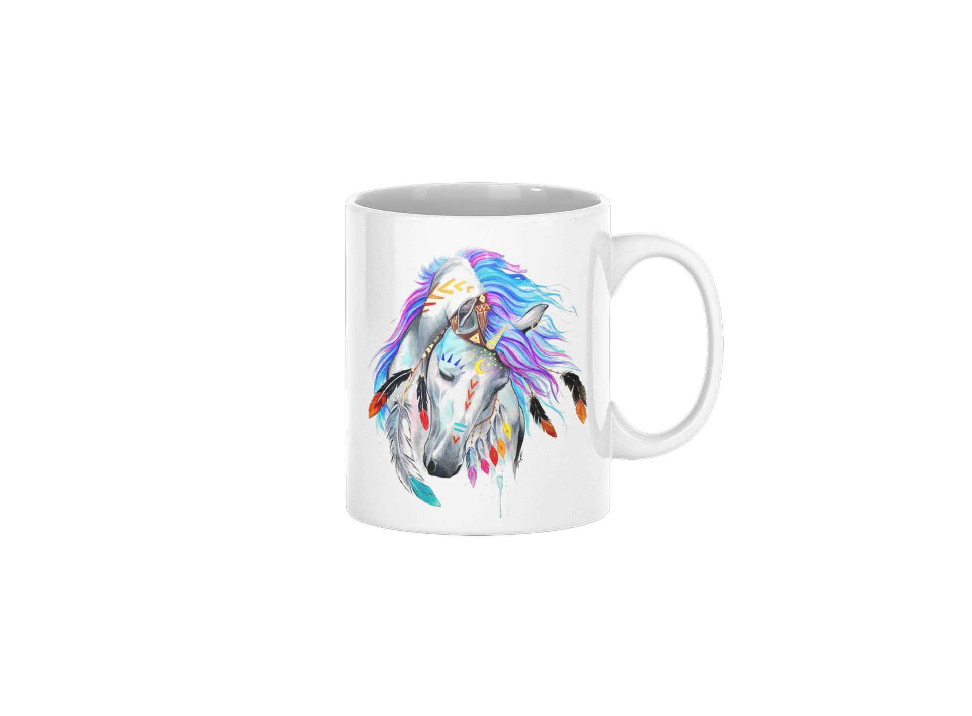 White mug with a colorful horse design on a white background