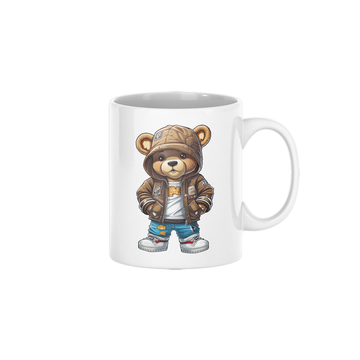 A white ceramic mug featuring a cartoon illustration of a teddy bear wearing a brown jacket, blue jeans, and white sneakers, shown against a plain white background.