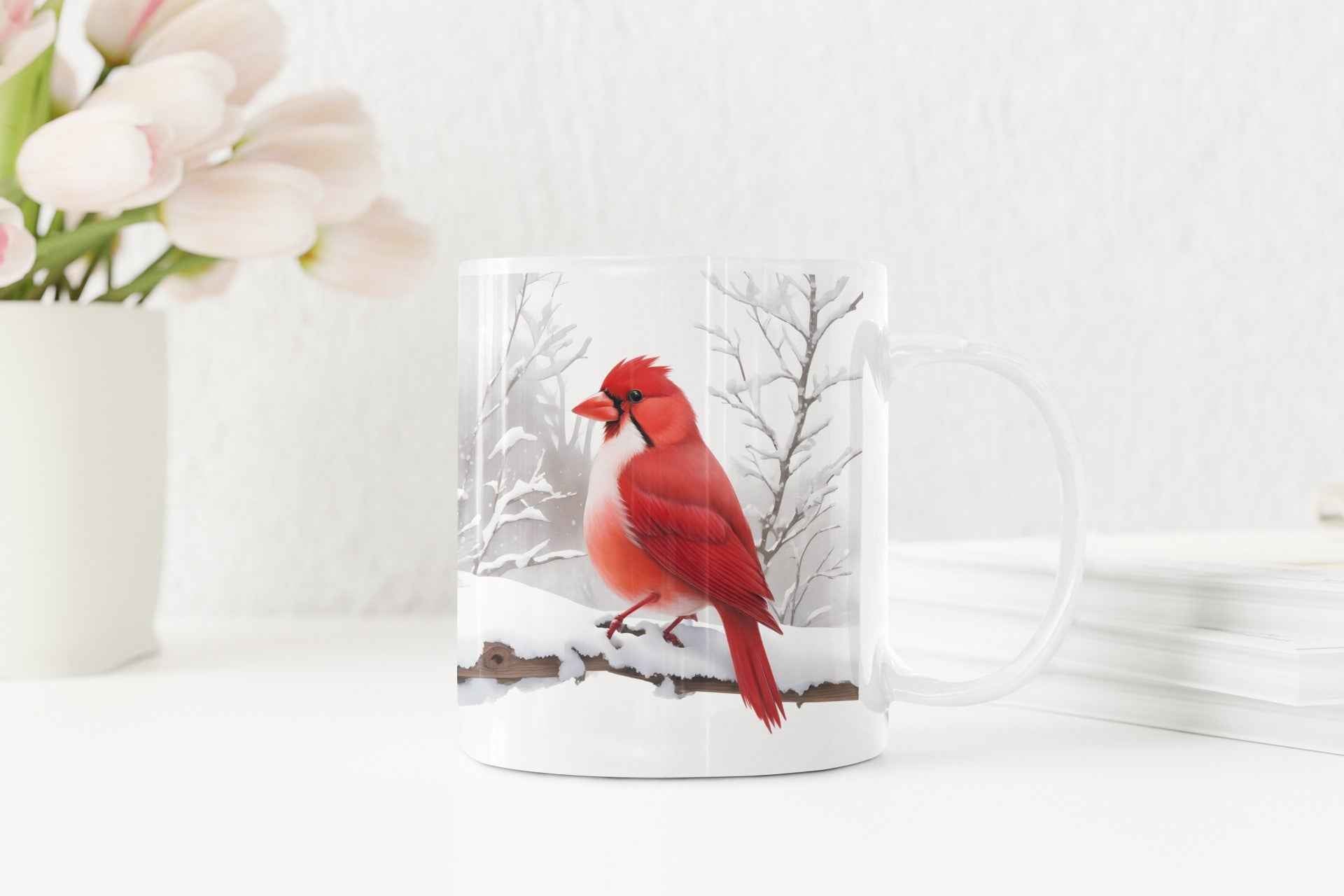 Cardinal Coffee Mug White Ceramic, Snow Scene Design