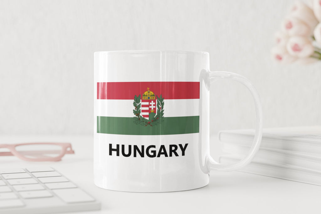 Hungary Flag Coffee Mug, White Ceramic Cup with Hungarian Coat of Arms Design