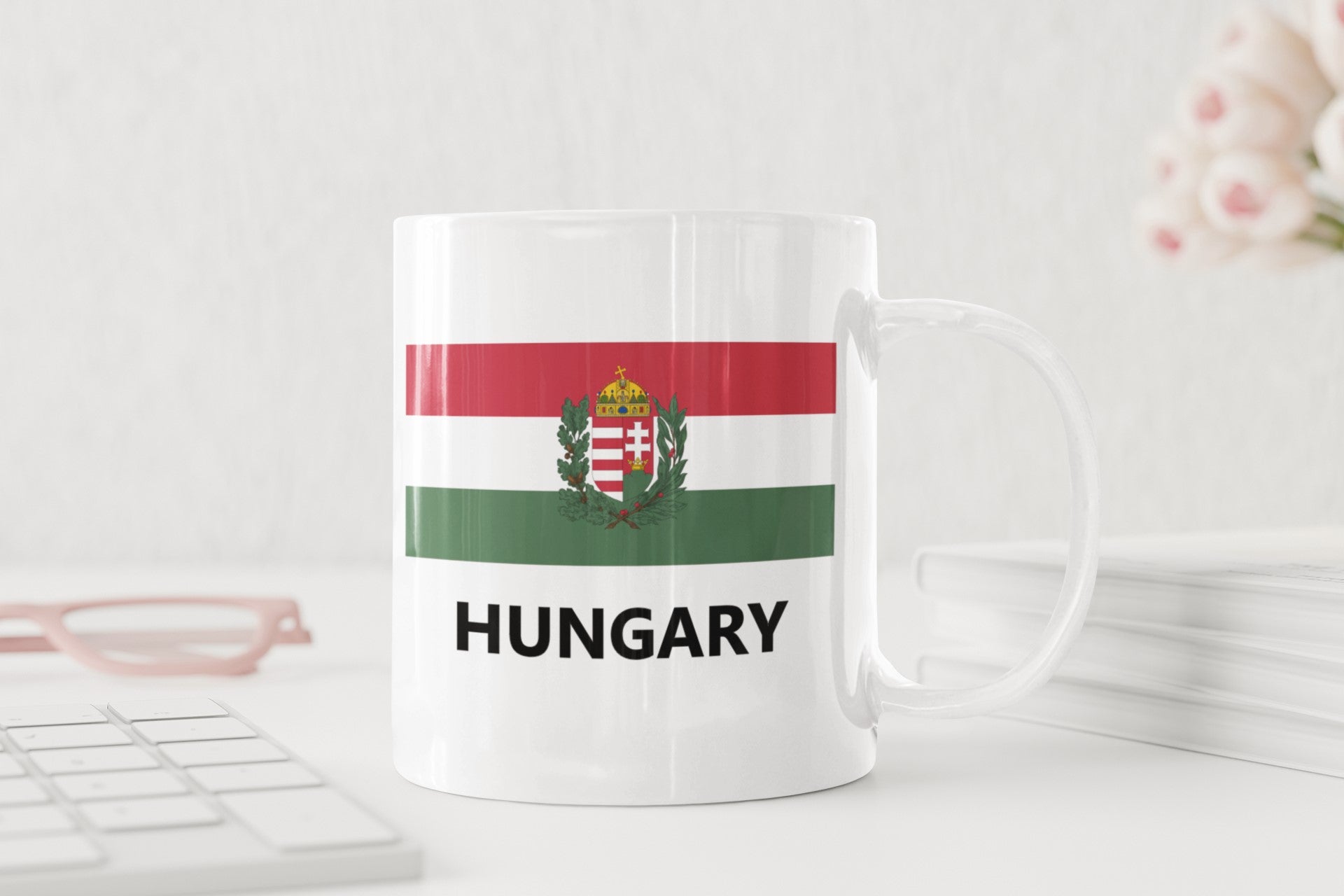 Hungary Flag Coffee Mug, White Ceramic Cup with Hungarian Coat of Arms Design