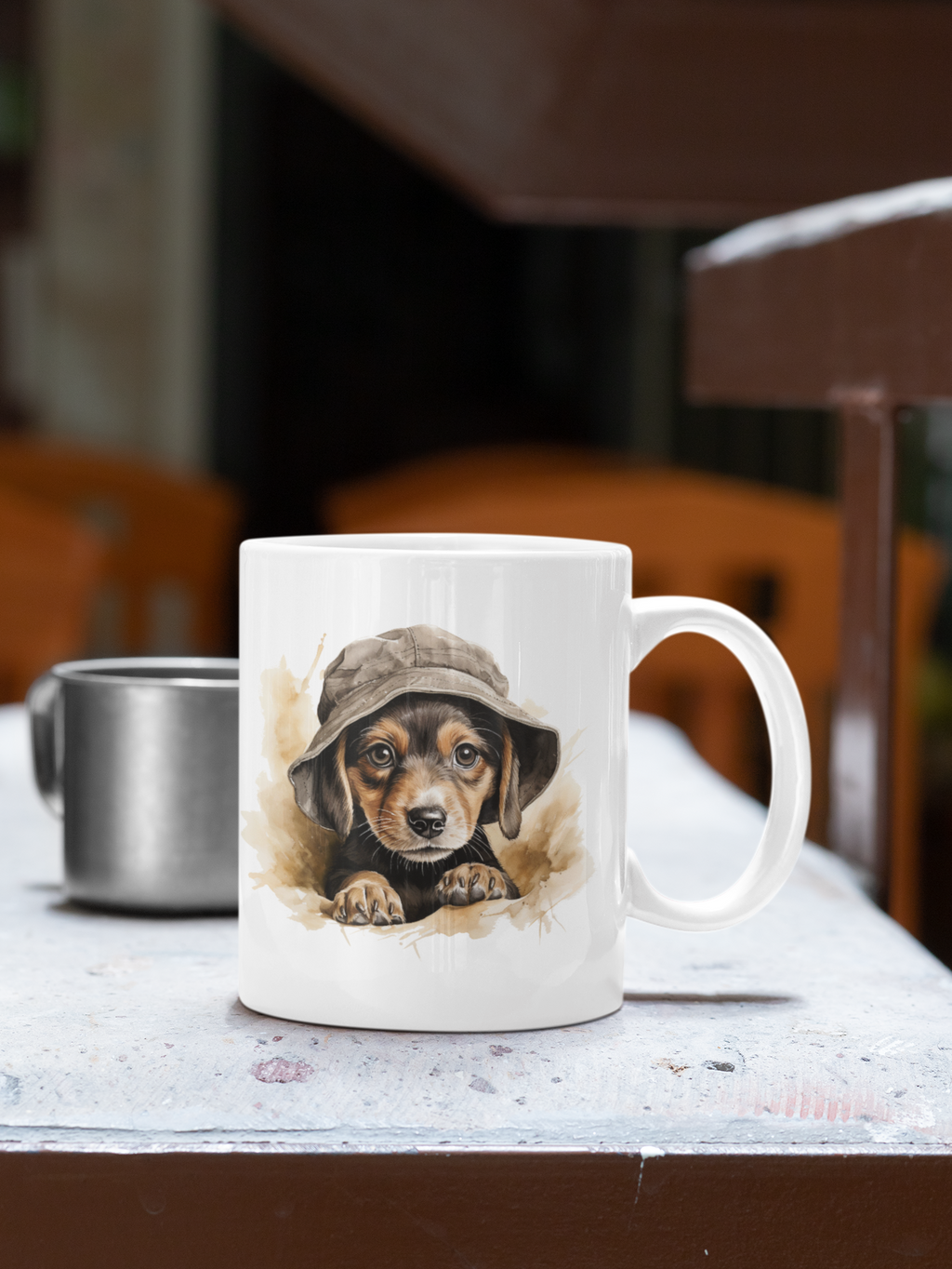 White mug with a dog illustration on a table