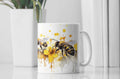 Artistic Honeybee White Ceramic Coffee Mug with Yellow and Pink Watercolor Design