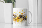 Artistic Honeybee White Ceramic Coffee Mug with Yellow and Pink Watercolor Design