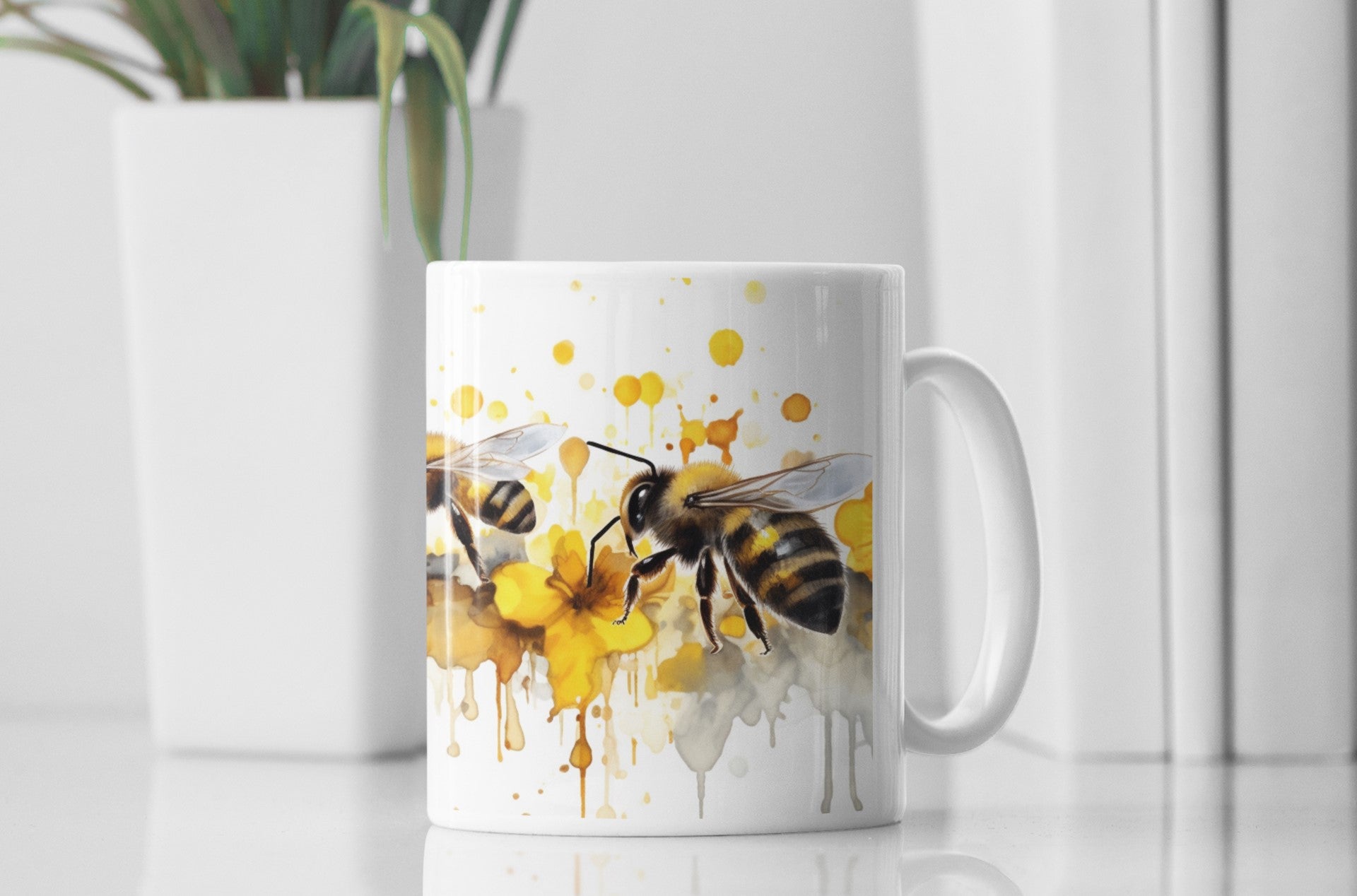 Mug with bee and flower design on a white surface