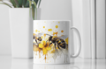 Artistic Honeybee Coffee Mug, White Ceramic with Yellow and Pink Watercolor Design