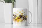 Artistic Honeybee Coffee Mug, White Ceramic with Yellow and Pink Watercolor Design