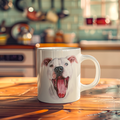 A white ceramic coffee mug featuring a printed illustration of a white dog with its mouth open, placed on a wooden table in a warm, blurred kitchen setting.