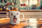 A white ceramic coffee mug featuring a printed illustration of a white dog with its mouth open, placed on a wooden table in a warm, blurred kitchen setting.