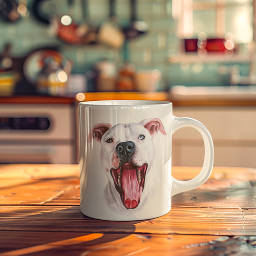 A white ceramic coffee mug featuring a printed illustration of a white dog with its mouth open, placed on a wooden table in a warm, blurred kitchen setting.