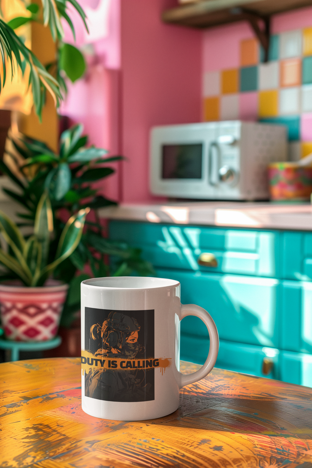 A white ceramic mug with a Call of Duty graphic sits on a wooden table in a brightly lit kitchen with pink walls and turquoise cabinets.