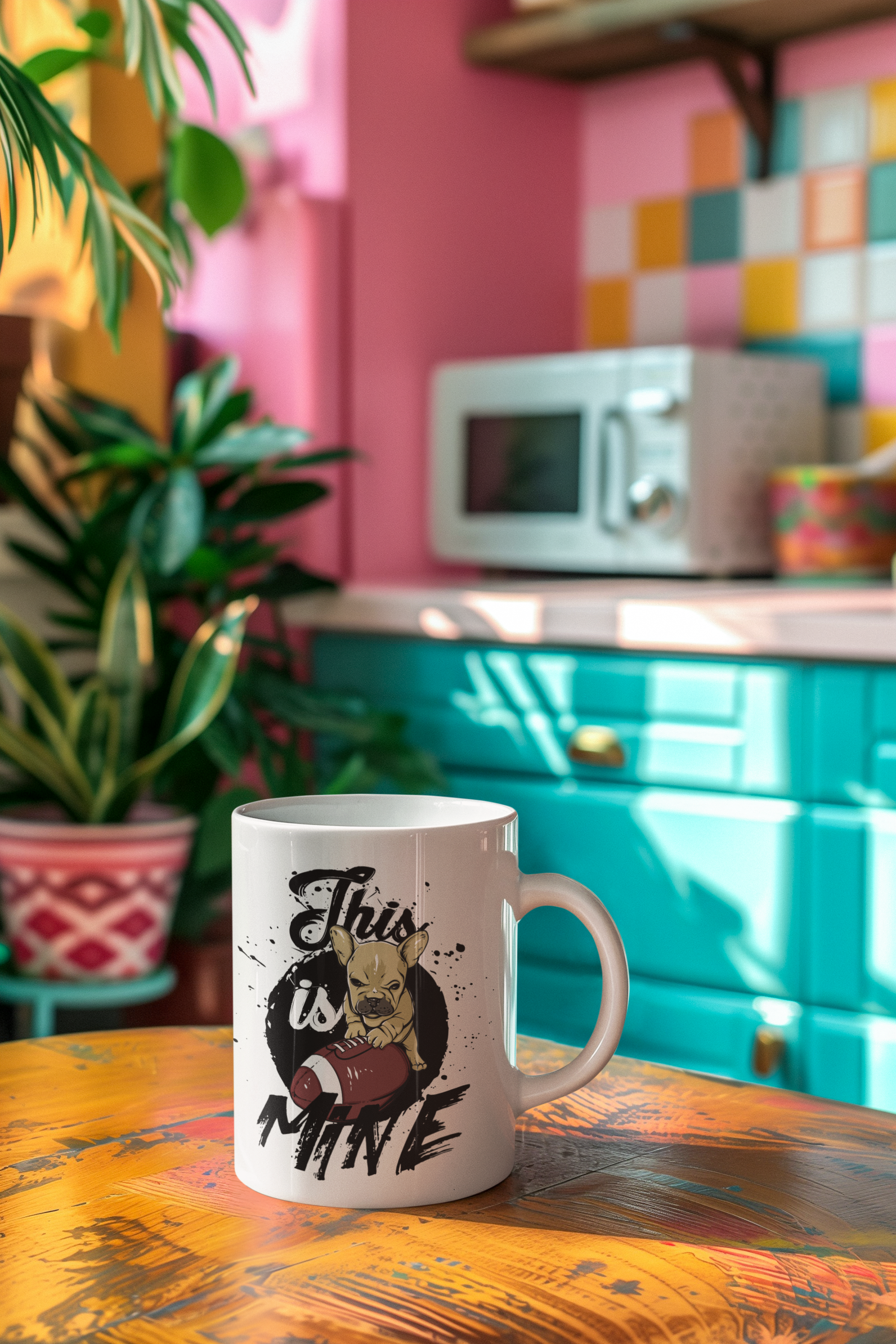 A white ceramic mug with a graphic of a pug playing football and the text 'This is MYNAME' sits on a wooden table in a brightly lit kitchen with pink walls and turquoise cabinets.