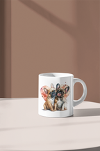 A white ceramic mug with a watercolor illustration of two French bulldogs, displayed on a light beige surface against a warm brown background.