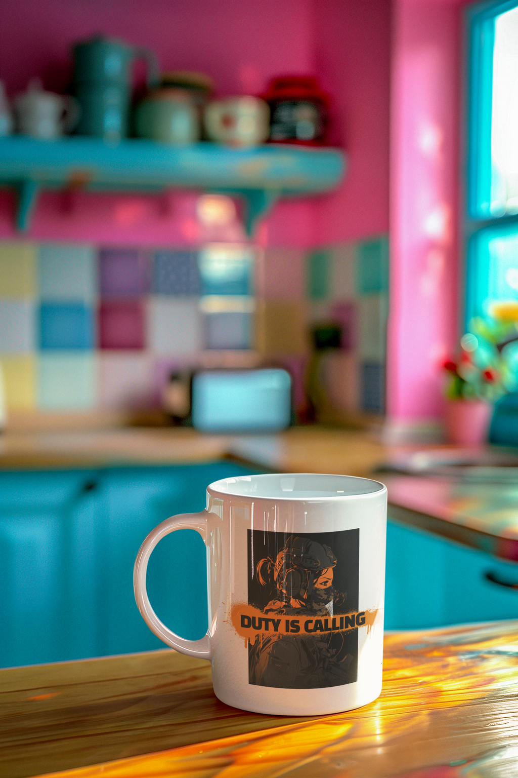 A white ceramic coffee mug with a graphic print of a soldier and the text 'DUTY IS CALLING' sits on a wooden table in a brightly lit kitchen with pink walls and blue cabinets.